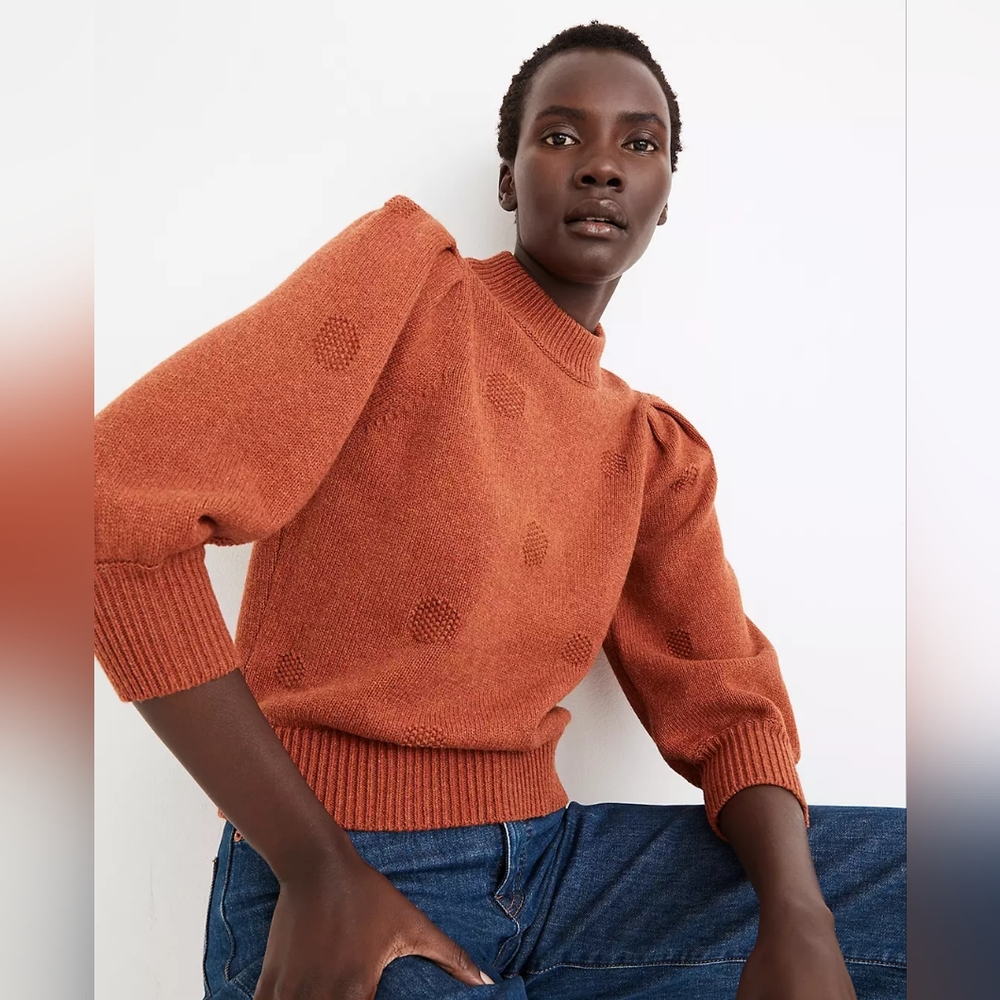 Madewell Rust Crewneck Sweater with Puff Sleeves